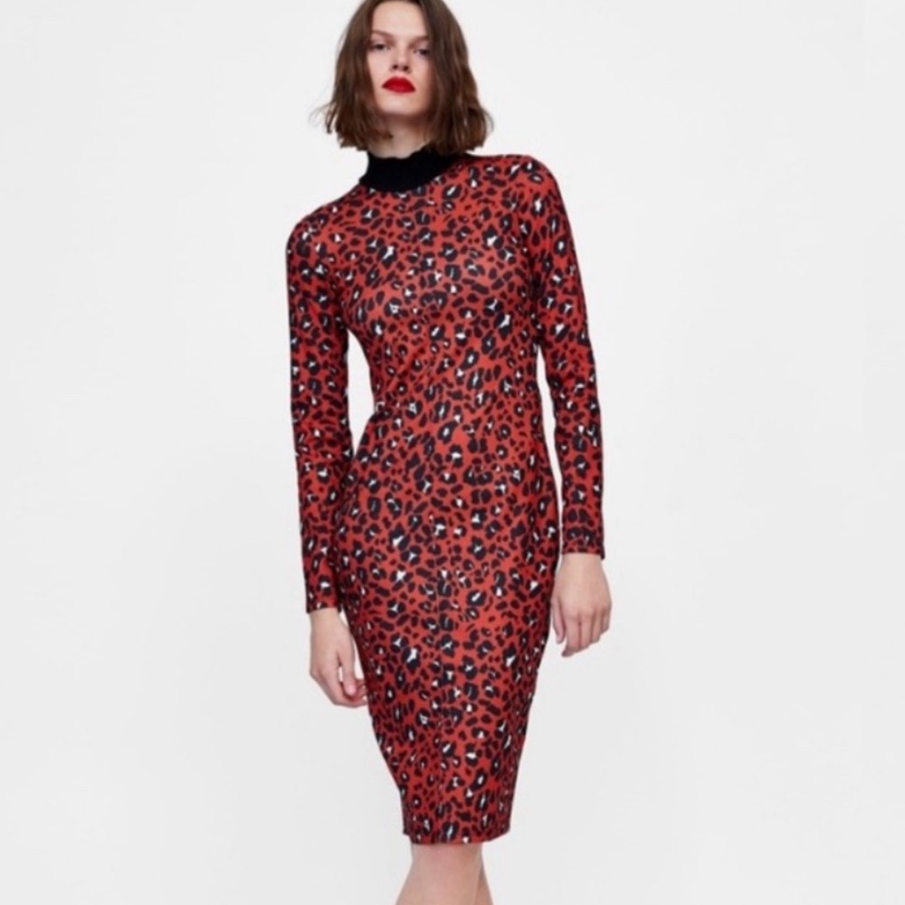 Zara Red Cheetah Print Tube Dress, Mock Neck